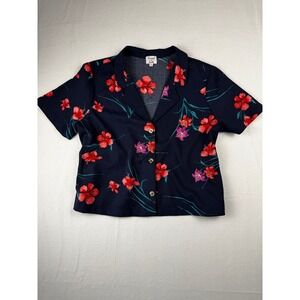 Sunset & Sixth Navy‎ Blue Tropical Hibiscus Floral Button Up Blouse Large